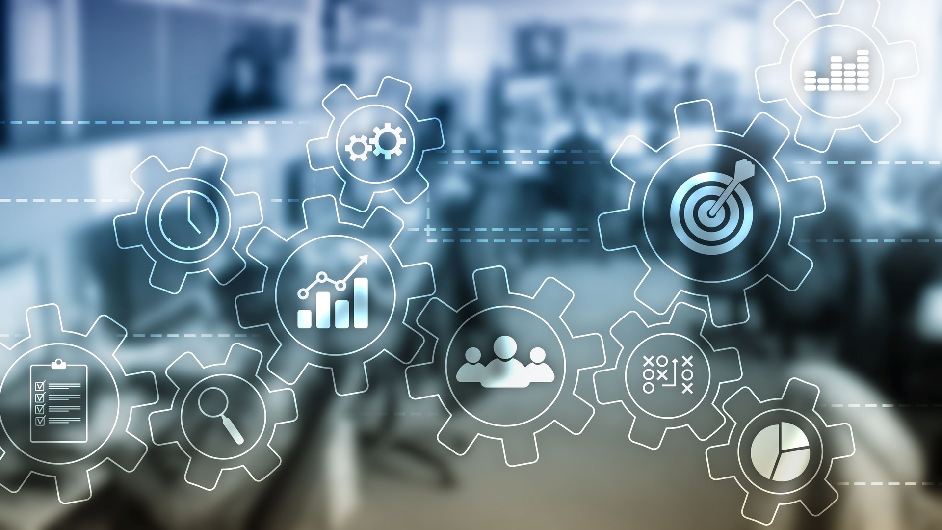 Business process automation concept. Gears and icons on abstract background