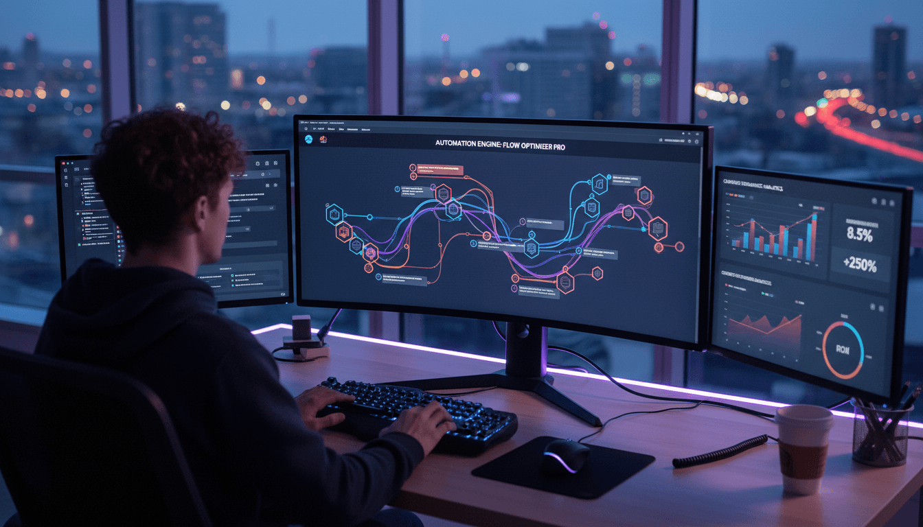 Developer working at multiple monitors displaying automation workflow dashboard and performance analytics in modern tech workspace Developer working at multiple monitors displaying automation workflow dashboard and performance analytics in modern tech workspace